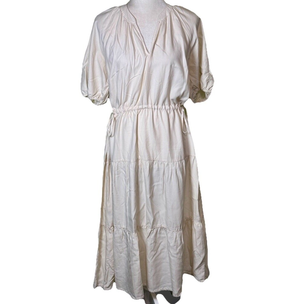 Women Cottagecore Prairie Midi Dress Cream Puff Sleeve Tiered Drawstring Waist L